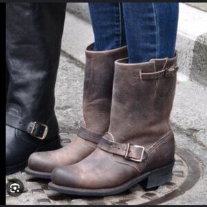 Frye Brown Leather Engineer Boot Booties Harness Moto Grunge Buckle Strap Size 8